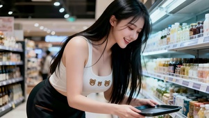 超市里购物的长发美女