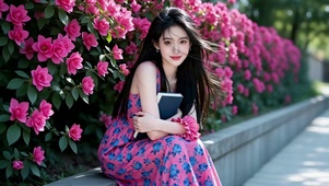 勒杜鹃花丛旁的长发美女2