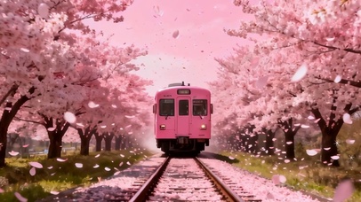 樱花树木下火车双屏