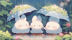 小兔兔雨中撑伞