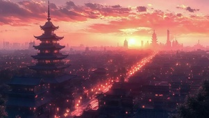 粉色晚霞古城宏伟风景