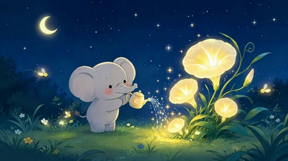 治愈夜空可爱小象浇花