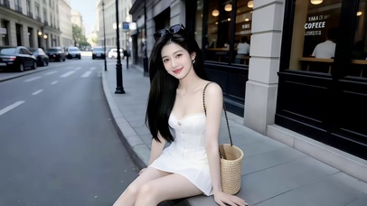 咖啡馆旁坐在石阶上的美女