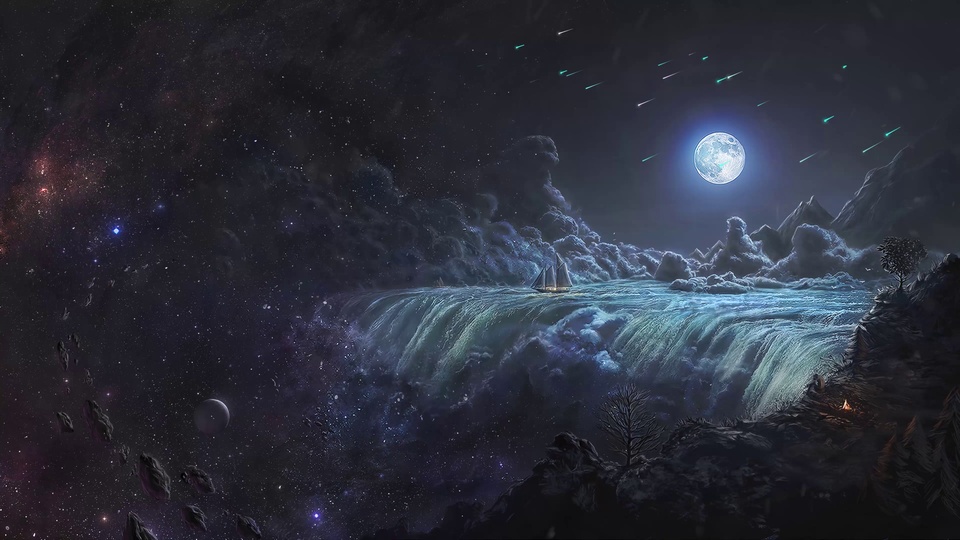 星空下海面瀑布与亮灯帆船
