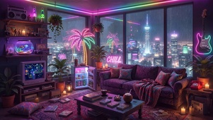 温馨雨夜霓虹房间