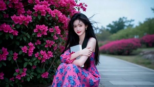 勒杜鹃花丛旁的长发美女1