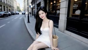 咖啡馆旁坐在石阶上的美女