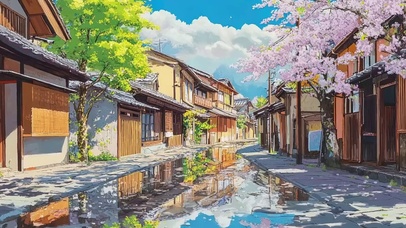 夏日清透街道水光倒影