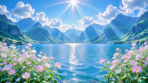 阳光洒落的山间湖泊