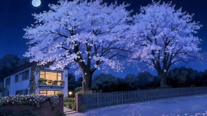 夜晚樱花树