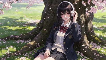 樱花树下耳机女孩