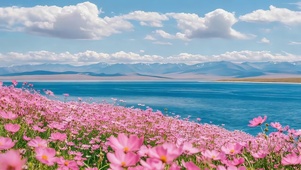 湖边唯美的鲜花