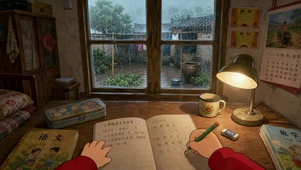雨夜窗边灯下学习