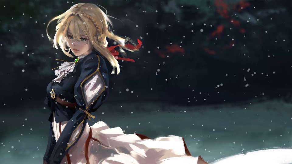 飘雪夜景中回望的金发少女