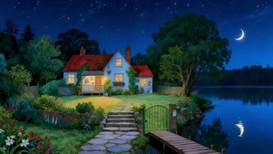 夜晚湖泊小屋