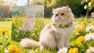 郊外阳光草坪花丛中一只布偶猫咪