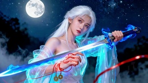 月光古风红线白发女孩荧光特效