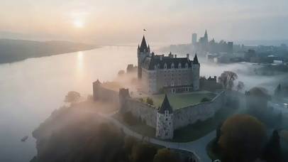 晨雾河岸古堡