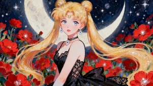 月空下红花美少女插画