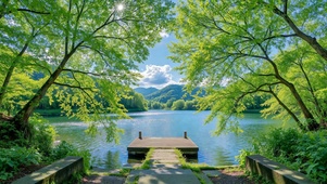清新绿意湖畔自然风景