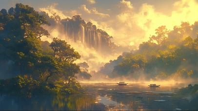 日出迷雾山林湖泊