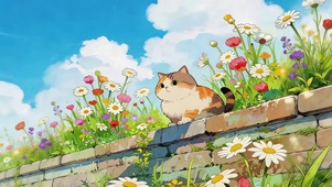 墙头鲜花猫咪