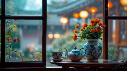 窗边雨景