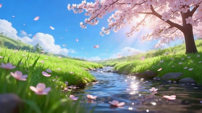 草原河流樱花树
