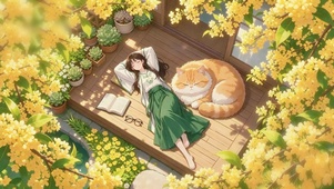 小院晒太阳的少女和猫
