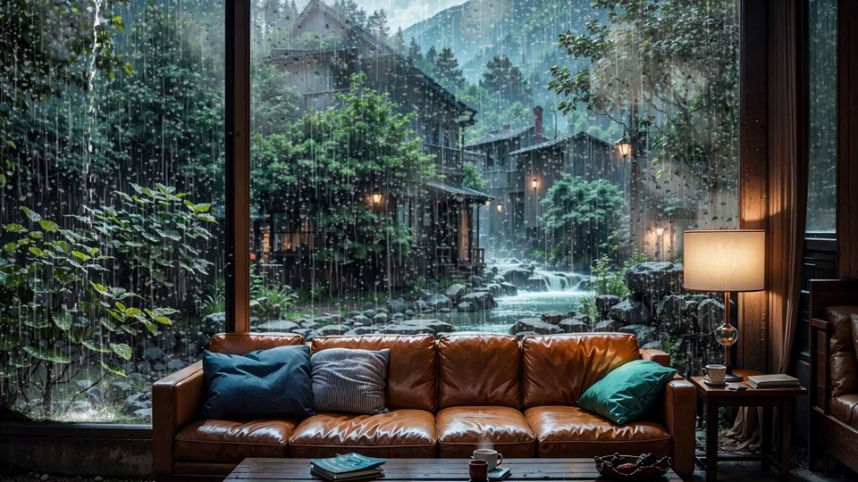雨天临窗客厅，窗外雨雾山林间可见日式居所与溪流跌水