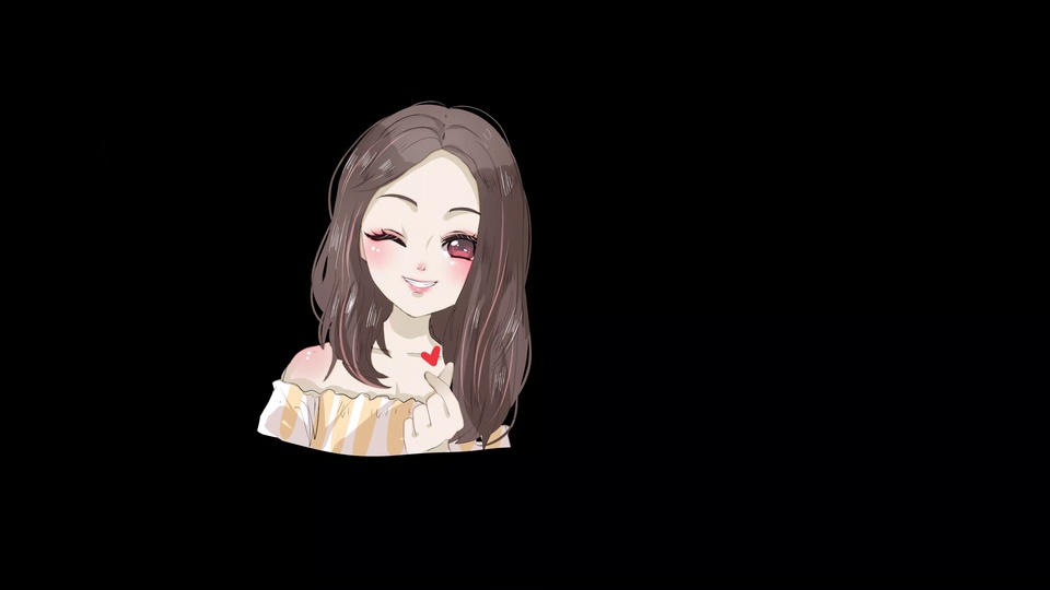 纯黑背景下，画面左侧是半身手绘少女，深棕带粉挑染中长发，单眼wink，穿黄白条纹露肩上衣，手旁绘有红色爱心。