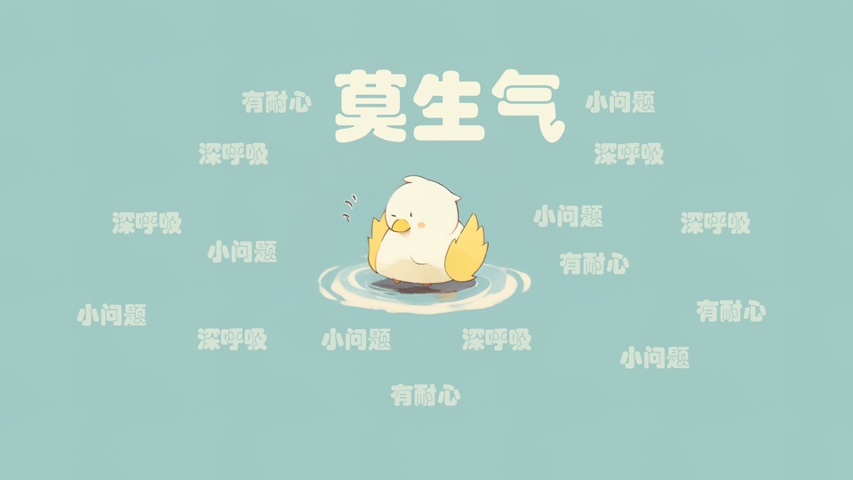 浅蓝背景上的软萌小黄鸭与莫生气文字