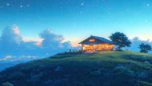 星空傍晚山坡温馨书店