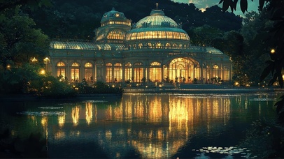 傍晚湖畔唯美玻璃宫殿