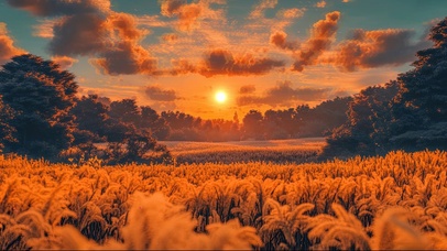 秋日黄昏橘色稻田花海