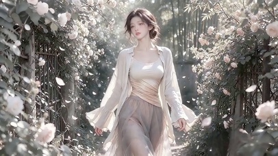 复古光影下花园散步的少女