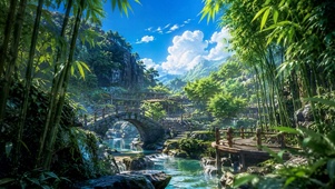 清幽竹林溪流山水美景