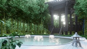 竹林中庭院温泉水声
