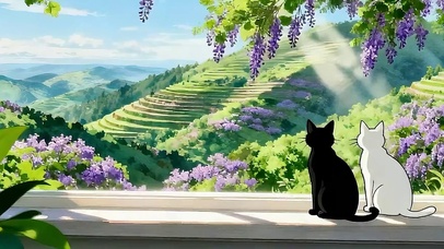 窗外猫咪绿景双屏