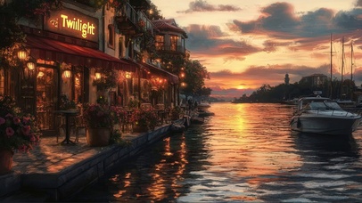 晚霞暮色海边温馨酒馆