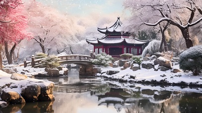 雪中古亭美景