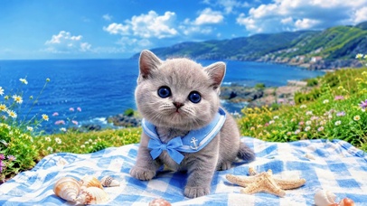 海边野餐的可爱小灰猫