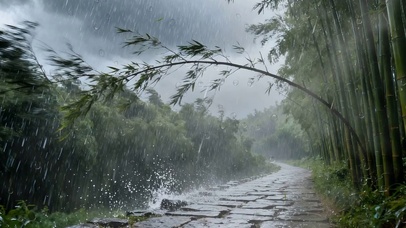 雨天竹林小路双屏