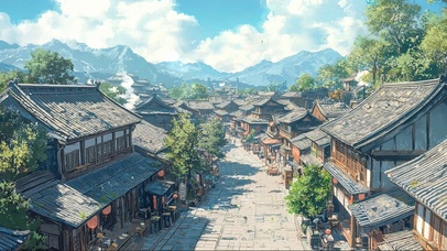 晴空夏日古风小镇建筑
