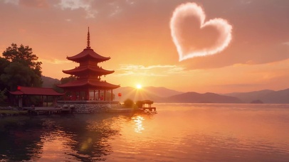 古风湖畔落日晚霞