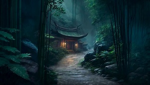 古风治愈雨天竹林小屋