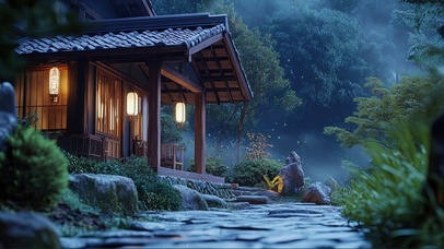 阴天傍晚静谧山林亭子