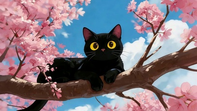 樱枝上的黑猫