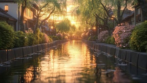 黄昏河流古城落日建筑