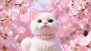 樱花树下的珍珠项圈小白猫